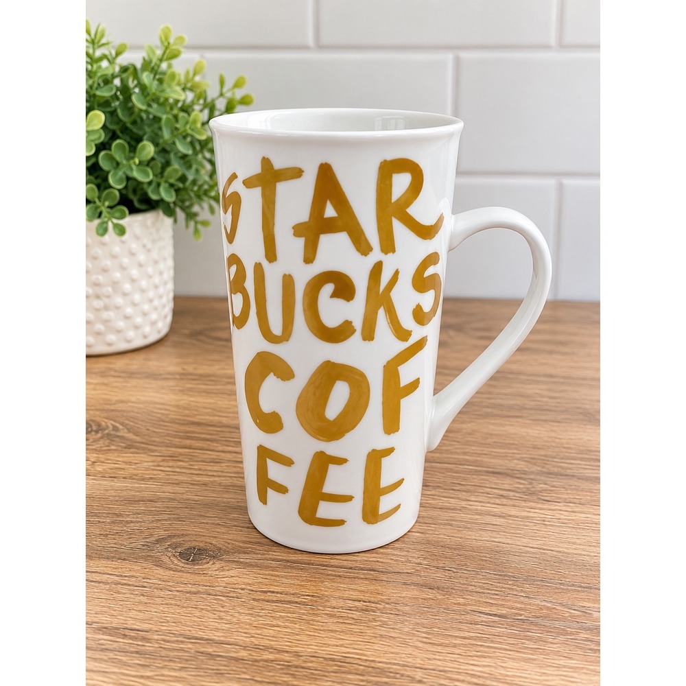 Starbucks 2015 Gold Lettering White Ceramic Coffee Mug 16 oz Tall Traveler Cup